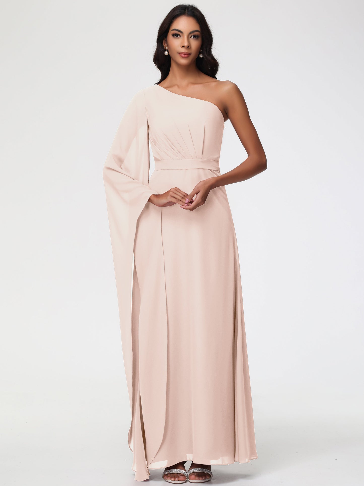 Blush Pearl Bridesmaid Dress Flowy One Shoulder Long Sleeves Floor Length  Chiffon Bridesmaid Dresses