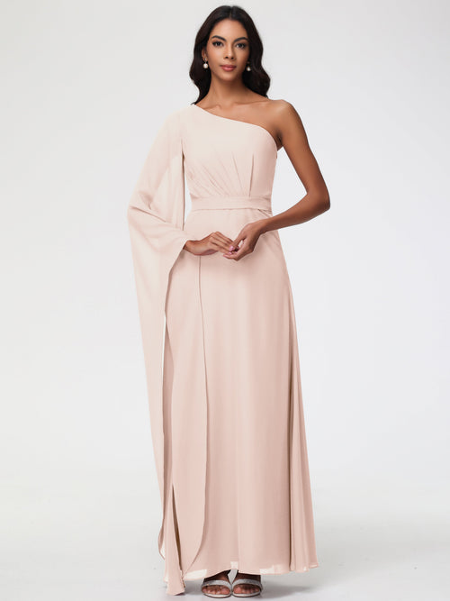 Blush Pearl Bridesmaid Dress Flowy One Shoulder Long Sleeves Floor Length  Chiffon Bridesmaid Dresses