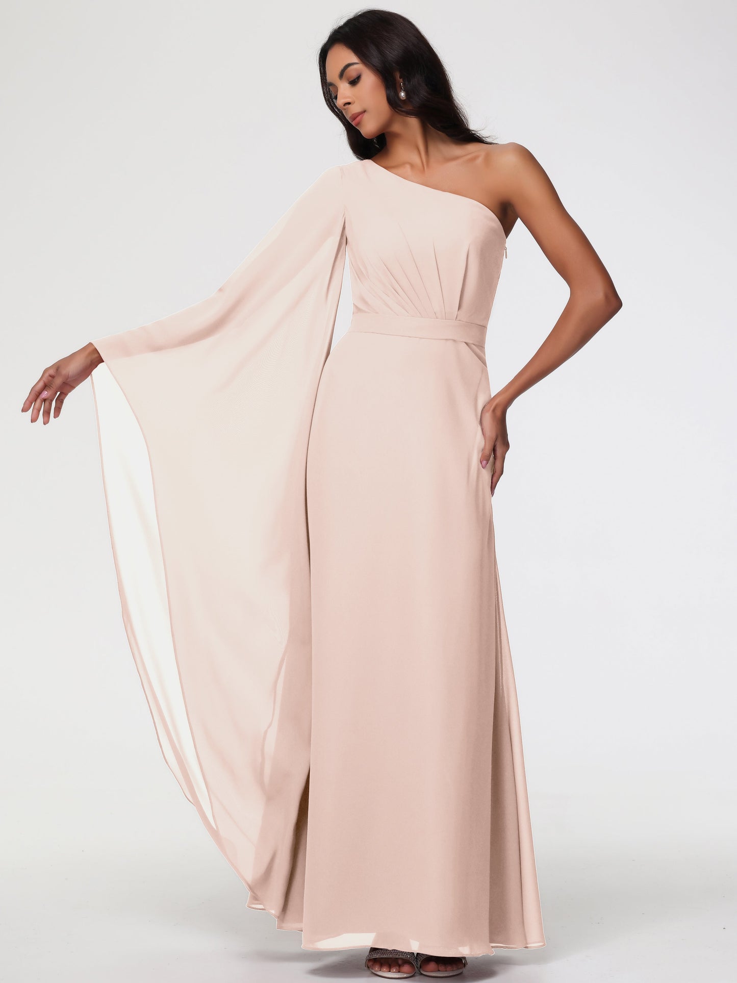 Blush Pearl Bridesmaid Dress Flowy One Shoulder Long Sleeves Floor Length  Chiffon Bridesmaid Dresses