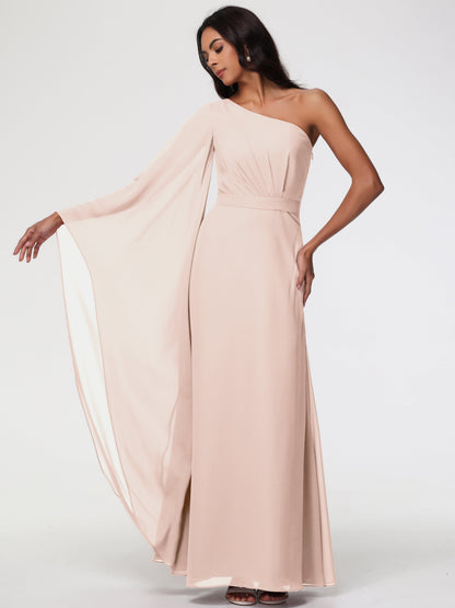 Blush Pearl Bridesmaid Dress Flowy One Shoulder Long Sleeves Floor Length  Chiffon Bridesmaid Dresses