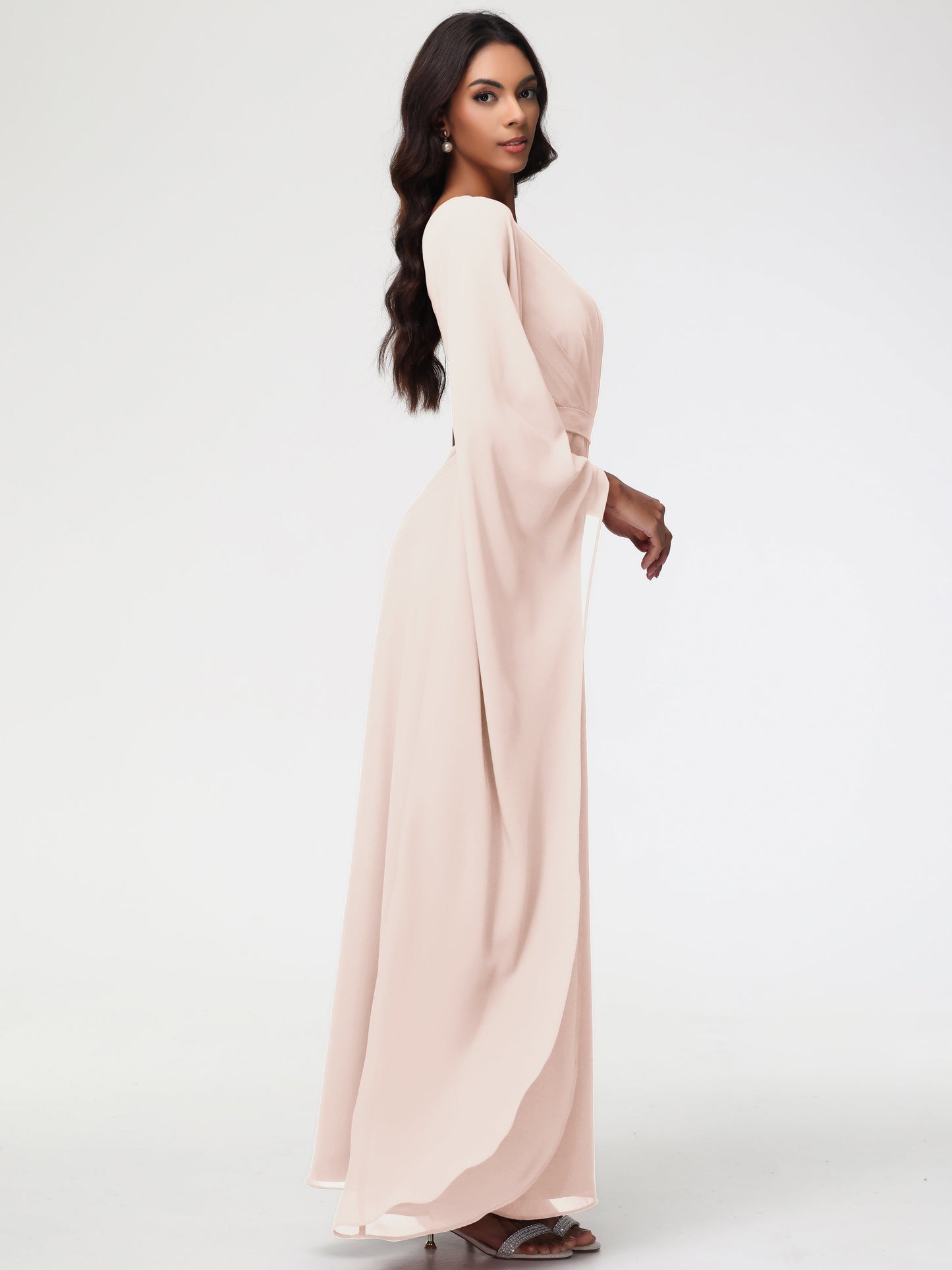 Blush Pearl Bridesmaid Dress Flowy One Shoulder Long Sleeves Floor Length  Chiffon Bridesmaid Dresses