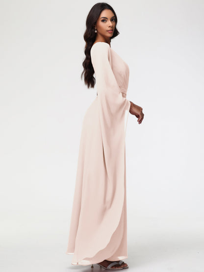 Blush Pearl Bridesmaid Dress Flowy One Shoulder Long Sleeves Floor Length  Chiffon Bridesmaid Dresses