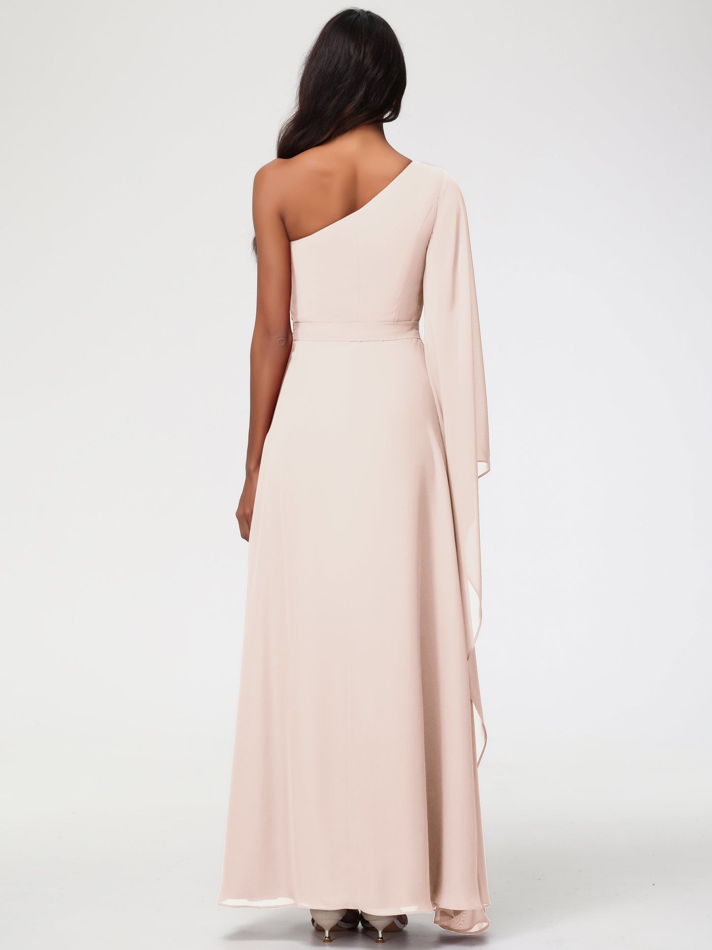 Blush Pearl Bridesmaid Dress Flowy One Shoulder Long Sleeves Floor Length  Chiffon Bridesmaid Dresses