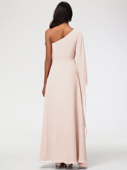 Blush Pearl Bridesmaid Dress Flowy One Shoulder Long Sleeves Floor Length  Chiffon Bridesmaid Dresses