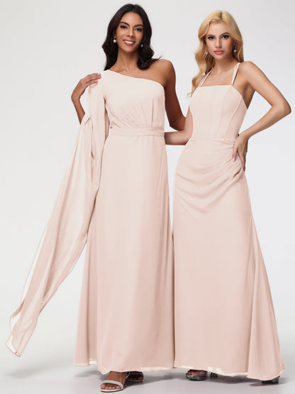 Blush Pearl Bridesmaid Dress Flowy One Shoulder Long Sleeves Floor Length  Chiffon Bridesmaid Dresses