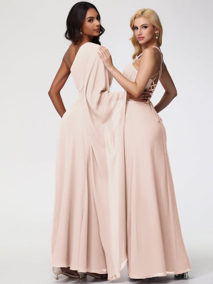 Blush Pearl Bridesmaid Dress Flowy One Shoulder Long Sleeves Floor Length  Chiffon Bridesmaid Dresses