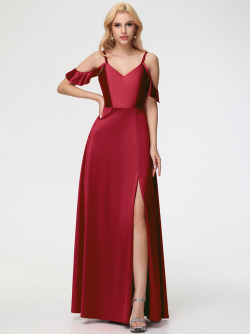 Off The Shoulder Burgundy Bridesmaid Dress A Line Off The Shoulder V-Neck Stretch Satin Bridesmaid Dress With Slit