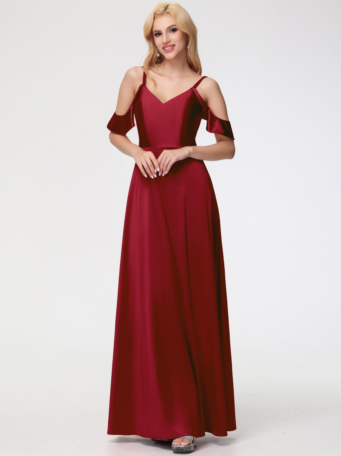 Off The Shoulder Burgundy Bridesmaid Dress A Line Off The Shoulder V-Neck Stretch Satin Bridesmaid Dress With Slit