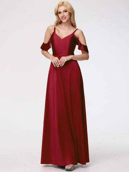 Off The Shoulder Burgundy Bridesmaid Dress A Line Off The Shoulder V-Neck Stretch Satin Bridesmaid Dress With Slit