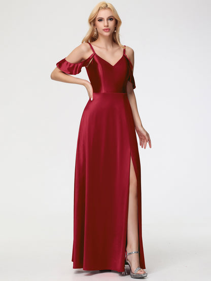 Off The Shoulder Burgundy Bridesmaid Dress A Line Off The Shoulder V-Neck Stretch Satin Bridesmaid Dress With Slit