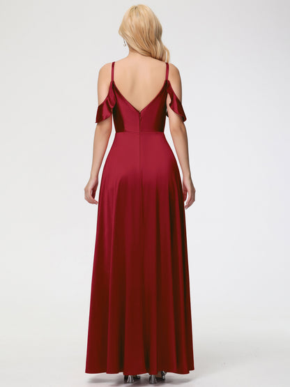 Off The Shoulder Burgundy Bridesmaid Dress A Line Off The Shoulder V-Neck Stretch Satin Bridesmaid Dress With Slit