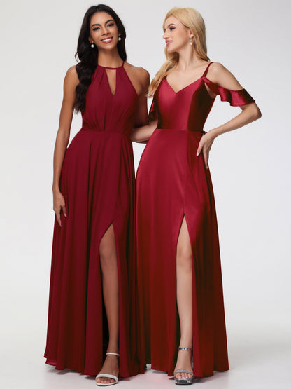 Off The Shoulder Burgundy Bridesmaid Dress A Line Off The Shoulder V-Neck Stretch Satin Bridesmaid Dress With Slit