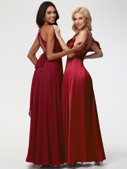 Off The Shoulder Burgundy Bridesmaid Dress A Line Off The Shoulder V-Neck Stretch Satin Bridesmaid Dress With Slit