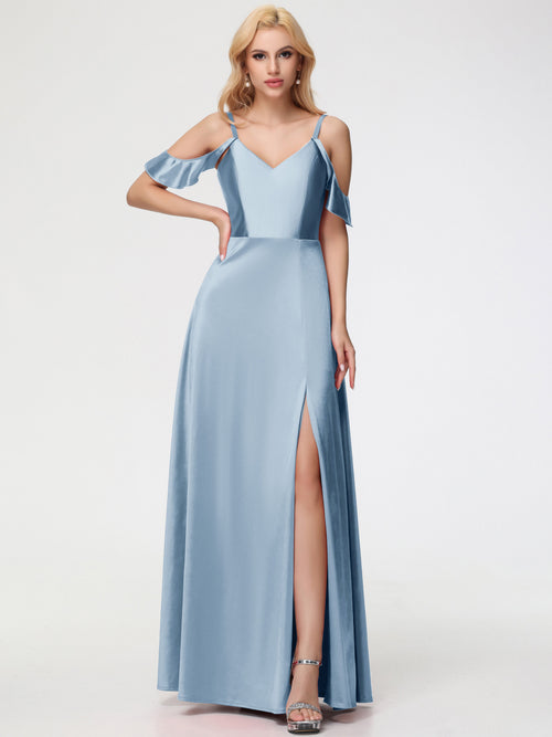 Multiway Bridesmaid Dress Dusty Blue A Line Off The Shoulder V-Neck Stretch Satin Bridesmaid Dress With Slit