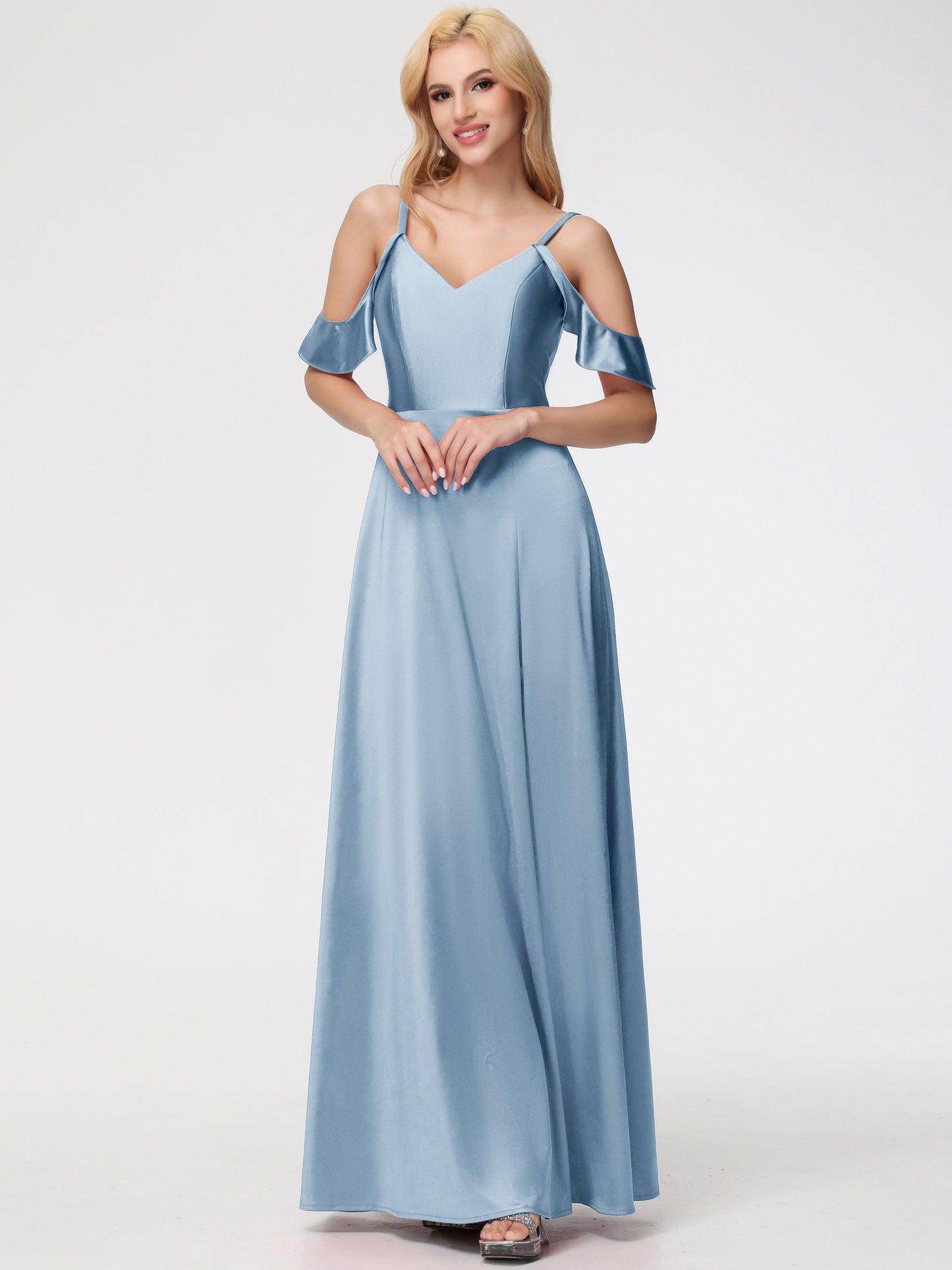 Multiway Bridesmaid Dress Dusty Blue A Line Off The Shoulder V-Neck Stretch Satin Bridesmaid Dress With Slit