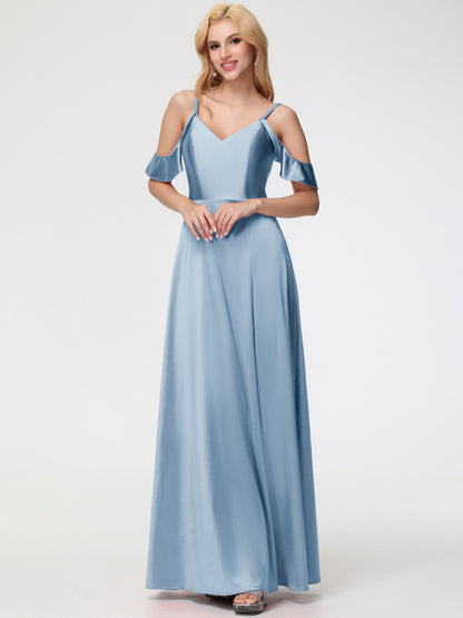 Multiway Bridesmaid Dress Dusty Blue A Line Off The Shoulder V-Neck Stretch Satin Bridesmaid Dress With Slit