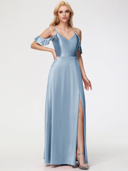 Multiway Bridesmaid Dress Dusty Blue A Line Off The Shoulder V-Neck Stretch Satin Bridesmaid Dress With Slit