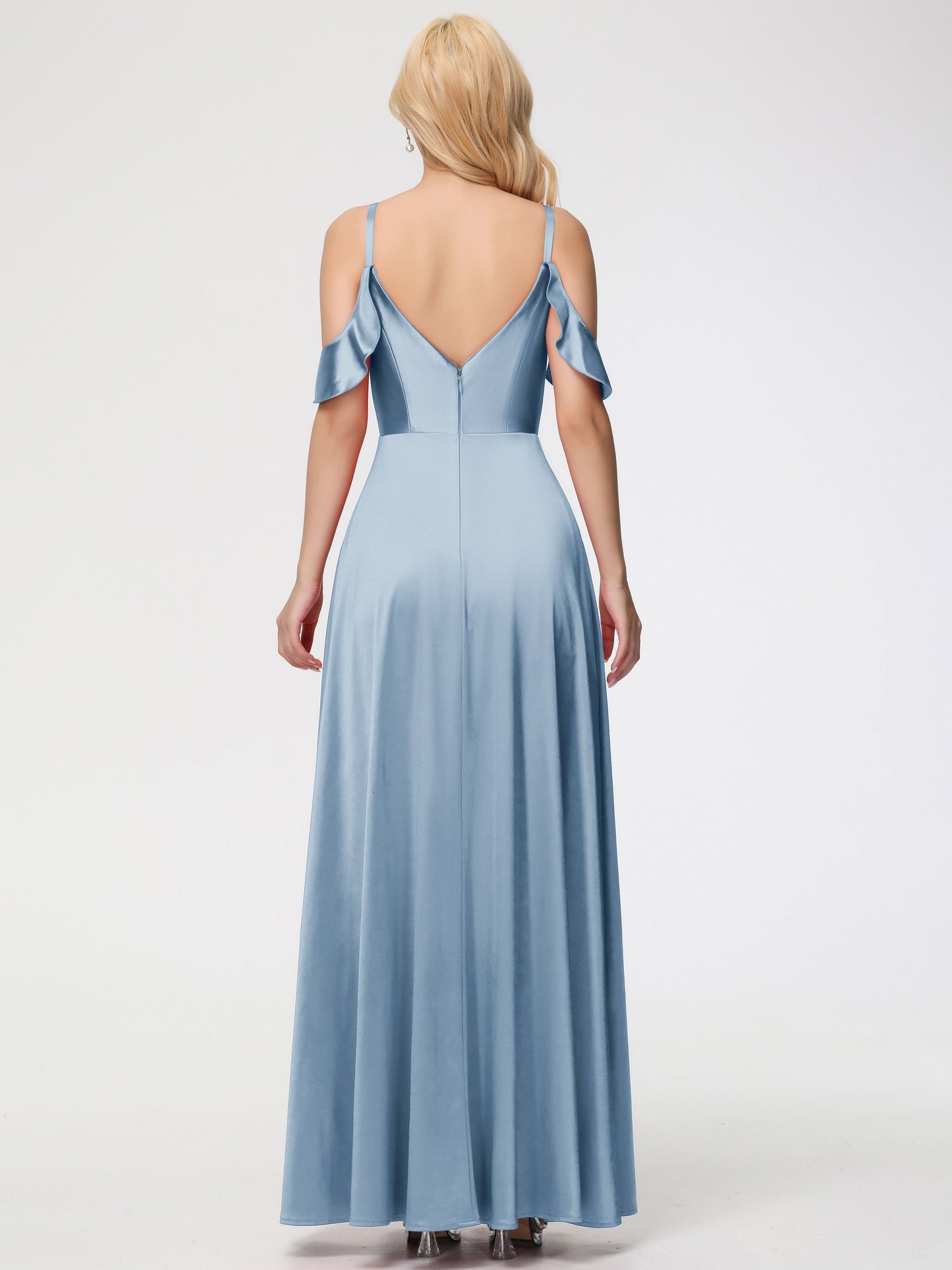 Multiway Bridesmaid Dress Dusty Blue A Line Off The Shoulder V-Neck Stretch Satin Bridesmaid Dress With Slit