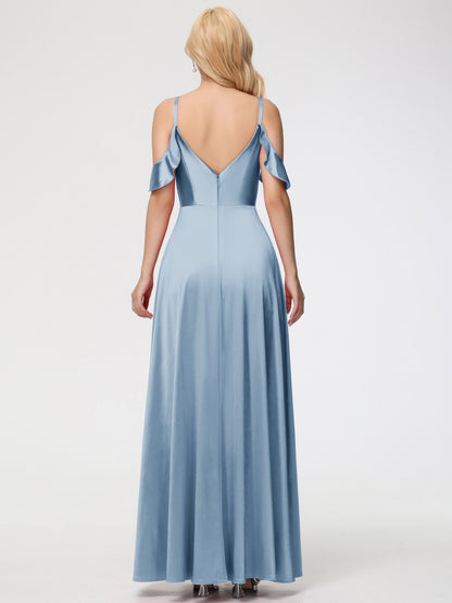 Multiway Bridesmaid Dress Dusty Blue A Line Off The Shoulder V-Neck Stretch Satin Bridesmaid Dress With Slit