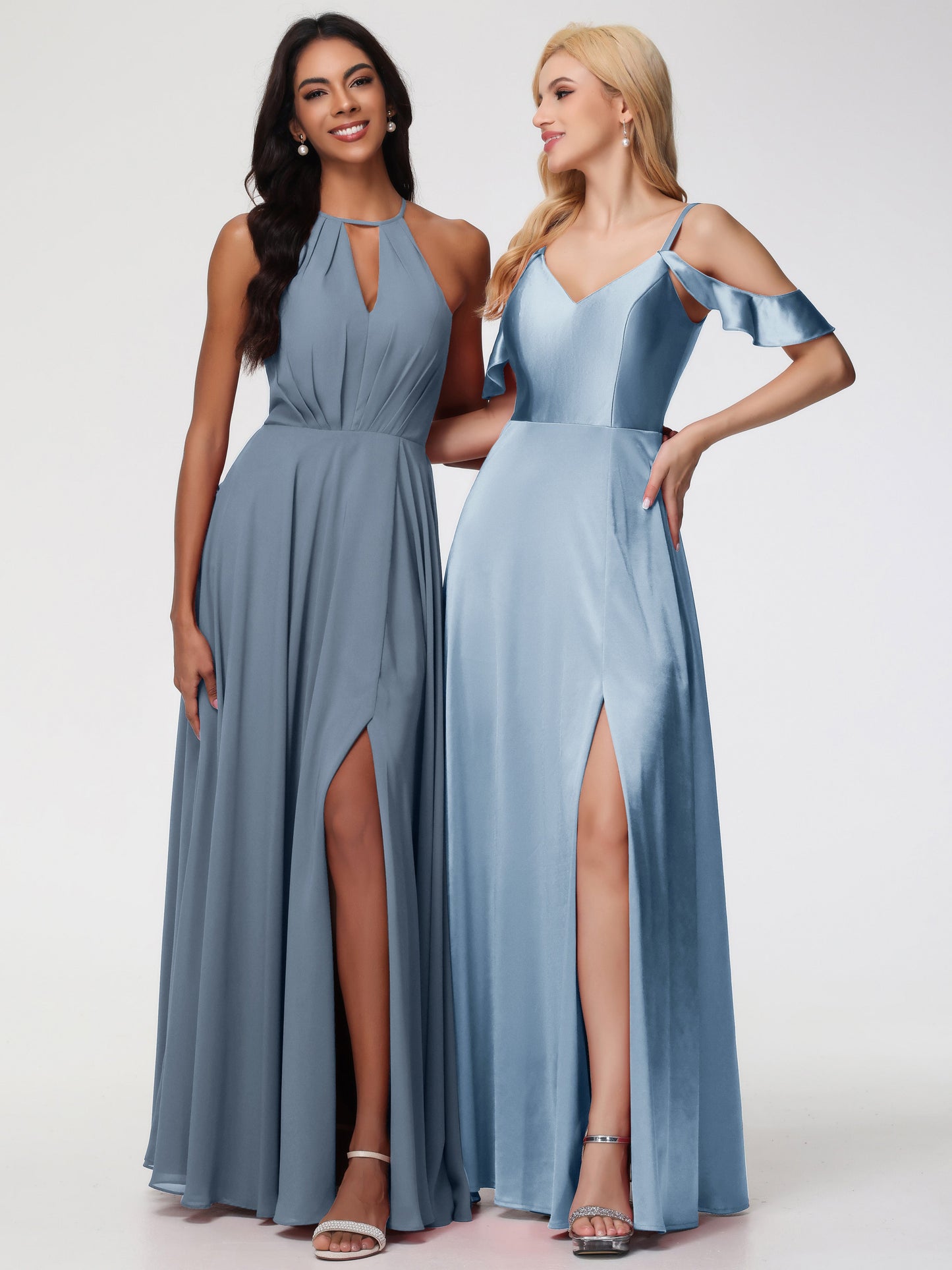 Multiway Bridesmaid Dress Dusty Blue A Line Off The Shoulder V-Neck Stretch Satin Bridesmaid Dress With Slit