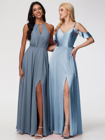 Multiway Bridesmaid Dress Dusty Blue A Line Off The Shoulder V-Neck Stretch Satin Bridesmaid Dress With Slit