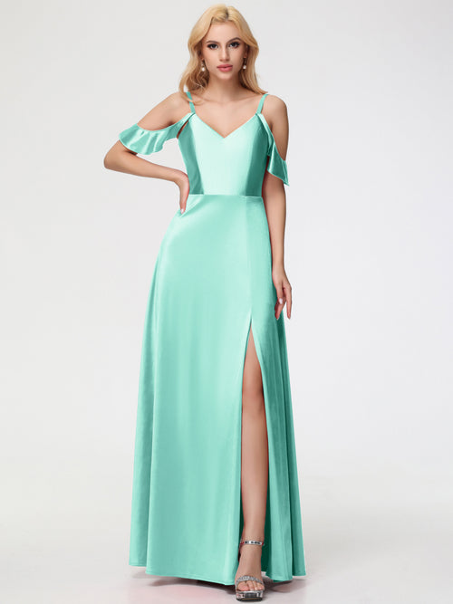 Mint Green Dress Bridesmaid A Line Off The Shoulder V-Neck Stretch Satin Bridesmaid Dress With Slit
