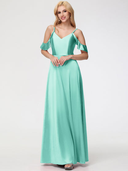 Mint Green Dress Bridesmaid A Line Off The Shoulder V-Neck Stretch Satin Bridesmaid Dress With Slit
