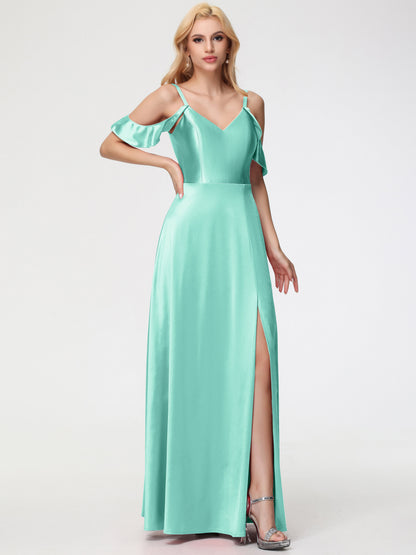 Mint Green Dress Bridesmaid A Line Off The Shoulder V-Neck Stretch Satin Bridesmaid Dress With Slit