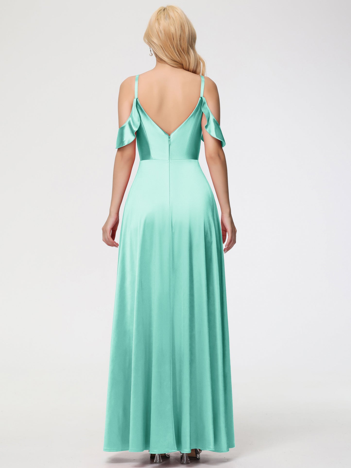 Mint Green Dress Bridesmaid A Line Off The Shoulder V-Neck Stretch Satin Bridesmaid Dress With Slit