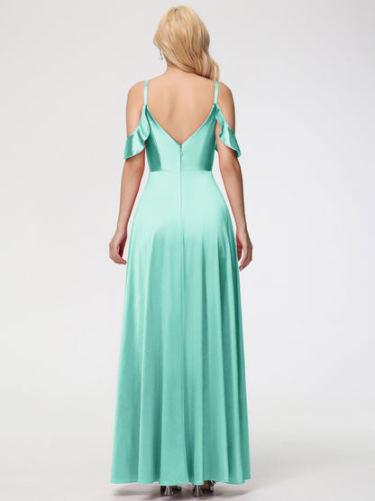 Mint Green Dress Bridesmaid A Line Off The Shoulder V-Neck Stretch Satin Bridesmaid Dress With Slit