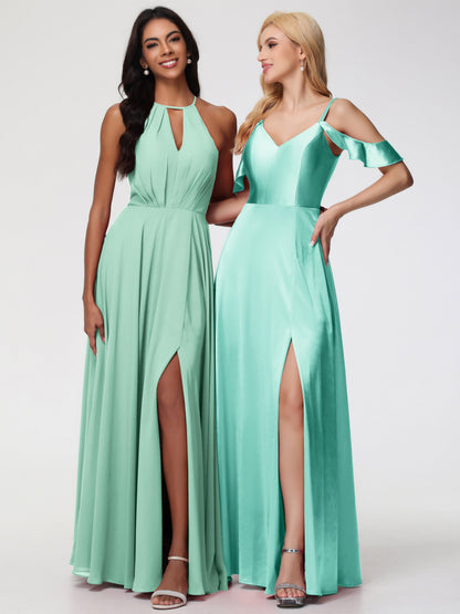 Mint Green Dress Bridesmaid A Line Off The Shoulder V-Neck Stretch Satin Bridesmaid Dress With Slit