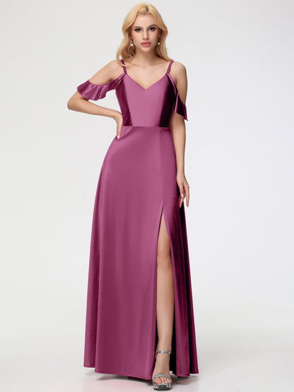Mulberry Bridesmaid Dress A Line Off The Shoulder V-Neck Stretch Satin Bridesmaid Dress With Slit