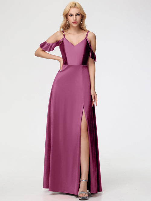 Mulberry Bridesmaid Dress A Line Off The Shoulder V-Neck Stretch Satin Bridesmaid Dress With Slit