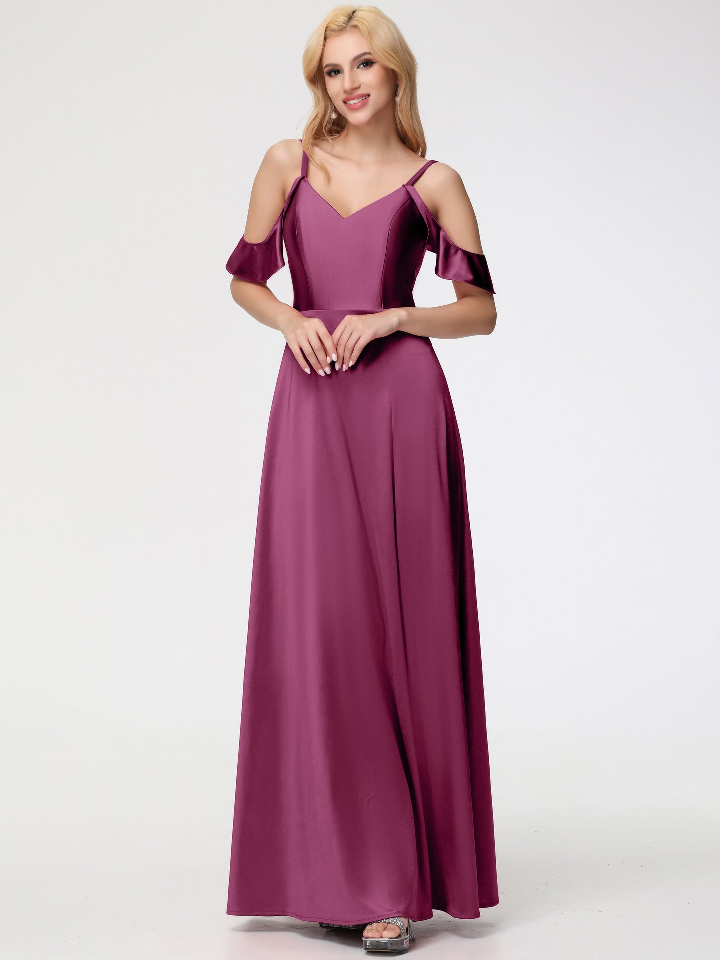 Mulberry Bridesmaid Dress A Line Off The Shoulder V-Neck Stretch Satin Bridesmaid Dress With Slit