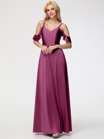 Mulberry Bridesmaid Dress A Line Off The Shoulder V-Neck Stretch Satin Bridesmaid Dress With Slit