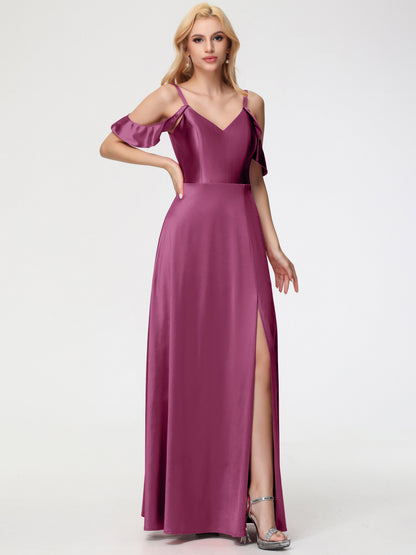 Mulberry Bridesmaid Dress A Line Off The Shoulder V-Neck Stretch Satin Bridesmaid Dress With Slit