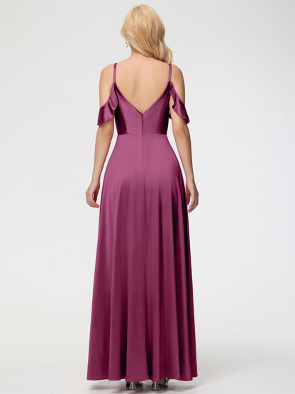 Mulberry Bridesmaid Dress A Line Off The Shoulder V-Neck Stretch Satin Bridesmaid Dress With Slit
