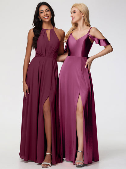 Mulberry Bridesmaid Dress A Line Off The Shoulder V-Neck Stretch Satin Bridesmaid Dress With Slit