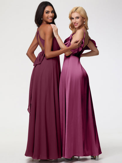 Mulberry Bridesmaid Dress A Line Off The Shoulder V-Neck Stretch Satin Bridesmaid Dress With Slit