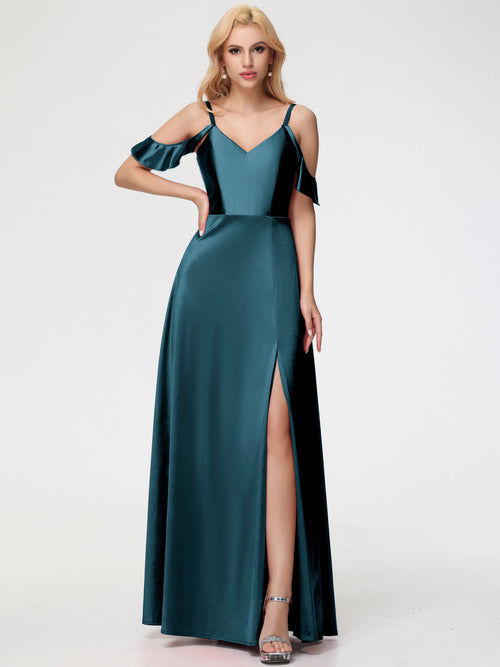 Peacock Bridesmaids A Line Off The Shoulder V-Neck Stretch Satin Bridesmaid Dress With Slit