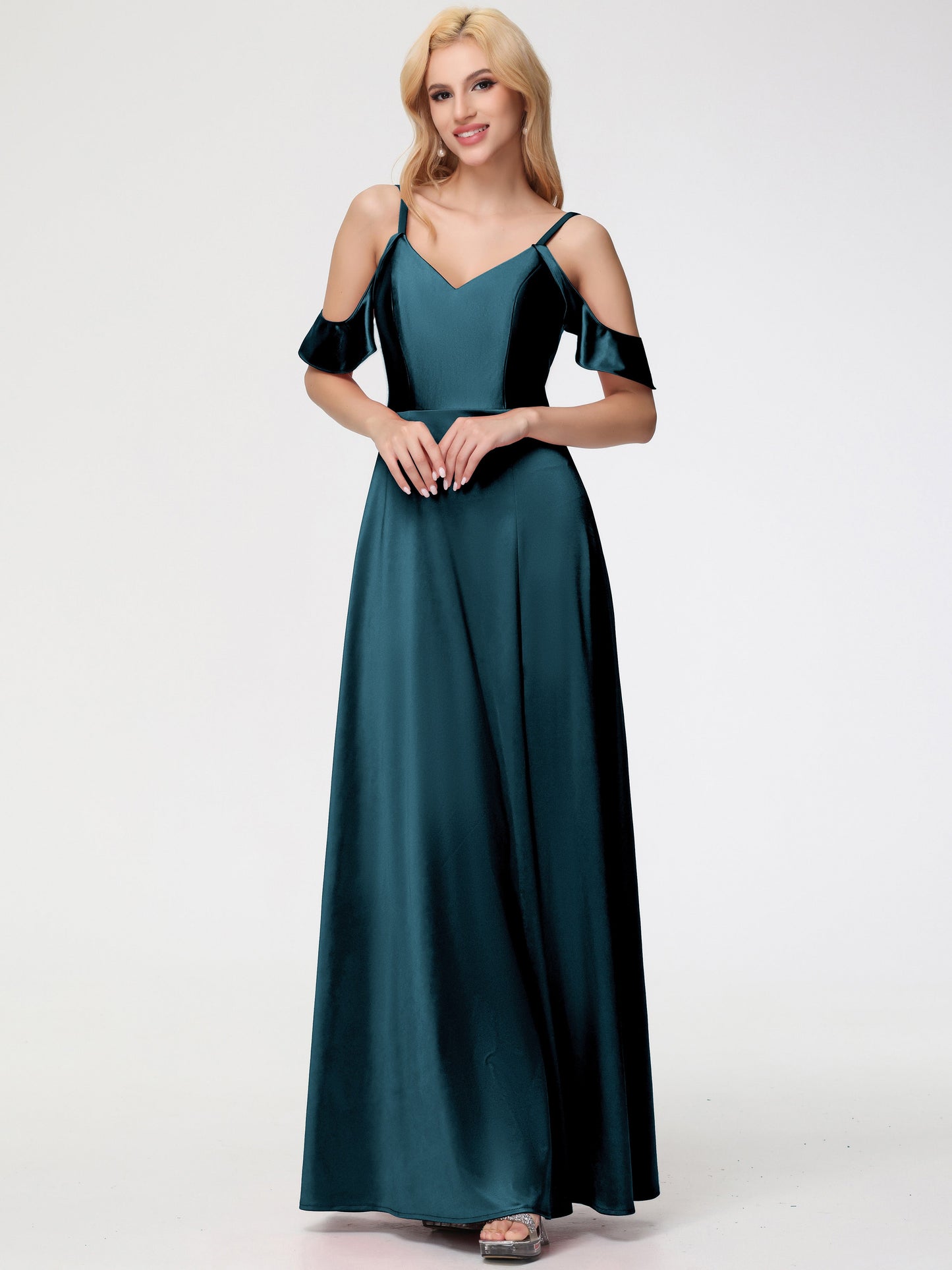 Peacock Bridesmaids A Line Off The Shoulder V-Neck Stretch Satin Bridesmaid Dress With Slit