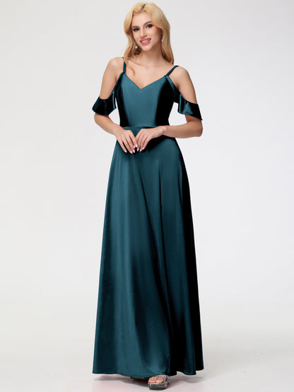 Peacock Bridesmaids A Line Off The Shoulder V-Neck Stretch Satin Bridesmaid Dress With Slit