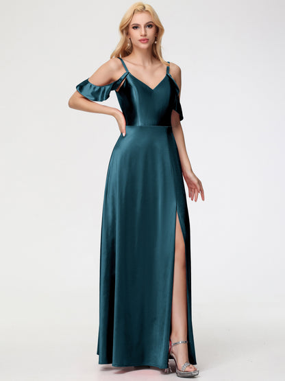 Peacock Bridesmaids A Line Off The Shoulder V-Neck Stretch Satin Bridesmaid Dress With Slit