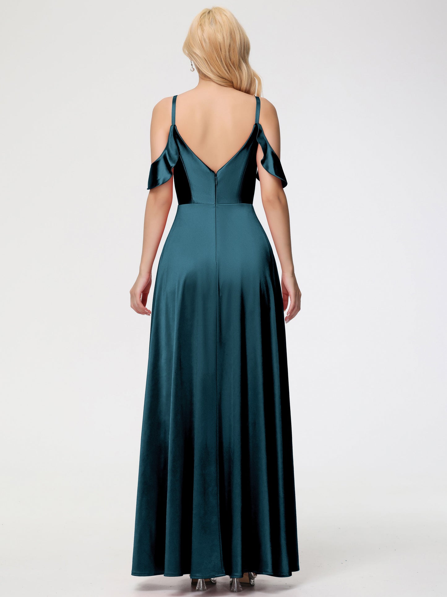Peacock Bridesmaids A Line Off The Shoulder V-Neck Stretch Satin Bridesmaid Dress With Slit