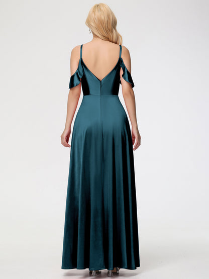 Peacock Bridesmaids A Line Off The Shoulder V-Neck Stretch Satin Bridesmaid Dress With Slit