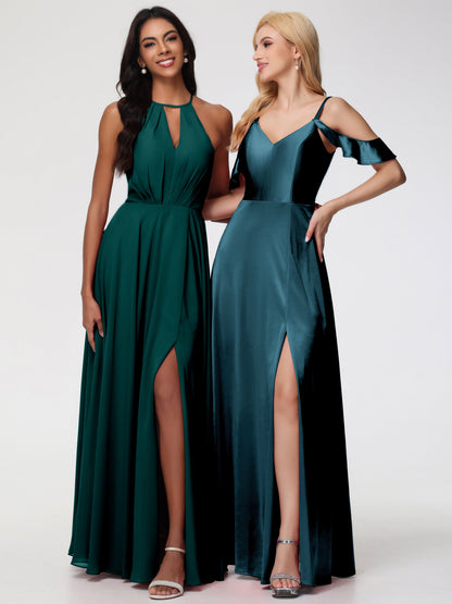 Peacock Bridesmaids A Line Off The Shoulder V-Neck Stretch Satin Bridesmaid Dress With Slit