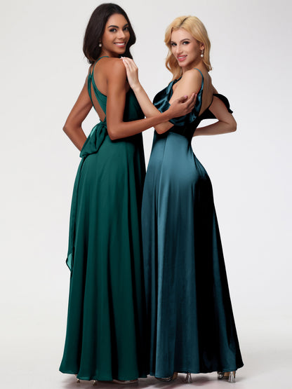 Peacock Bridesmaids A Line Off The Shoulder V-Neck Stretch Satin Bridesmaid Dress With Slit