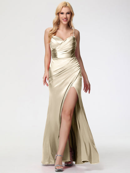 Girls Champagne Bridesmaid Dress Removable Spaghetti Straps Sweetheart Ruched Sheath Stretch Satin Bridesmaid Dress With Slit