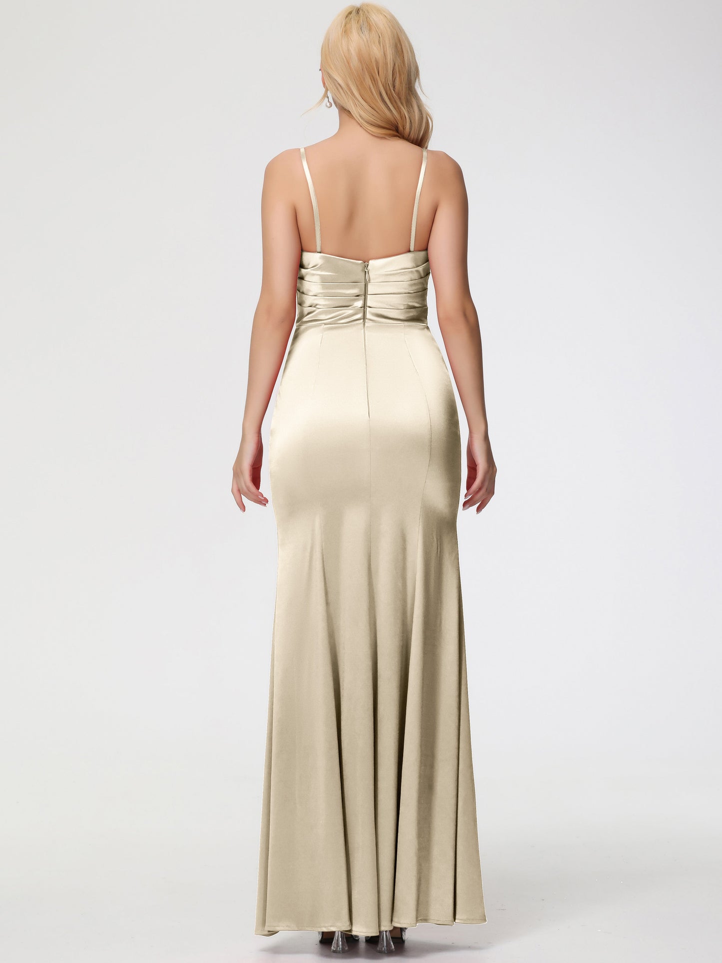 Girls Champagne Bridesmaid Dress Removable Spaghetti Straps Sweetheart Ruched Sheath Stretch Satin Bridesmaid Dress With Slit