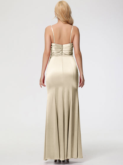 Girls Champagne Bridesmaid Dress Removable Spaghetti Straps Sweetheart Ruched Sheath Stretch Satin Bridesmaid Dress With Slit
